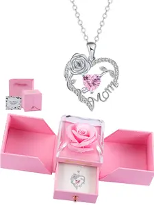 Mom Heart Rose Pendant Necklace, Heart Shaped Necklace, Elegant Women Jewelry Gift, Perfect Birthday Holiday Present for Mom, Love Heart Necklace
