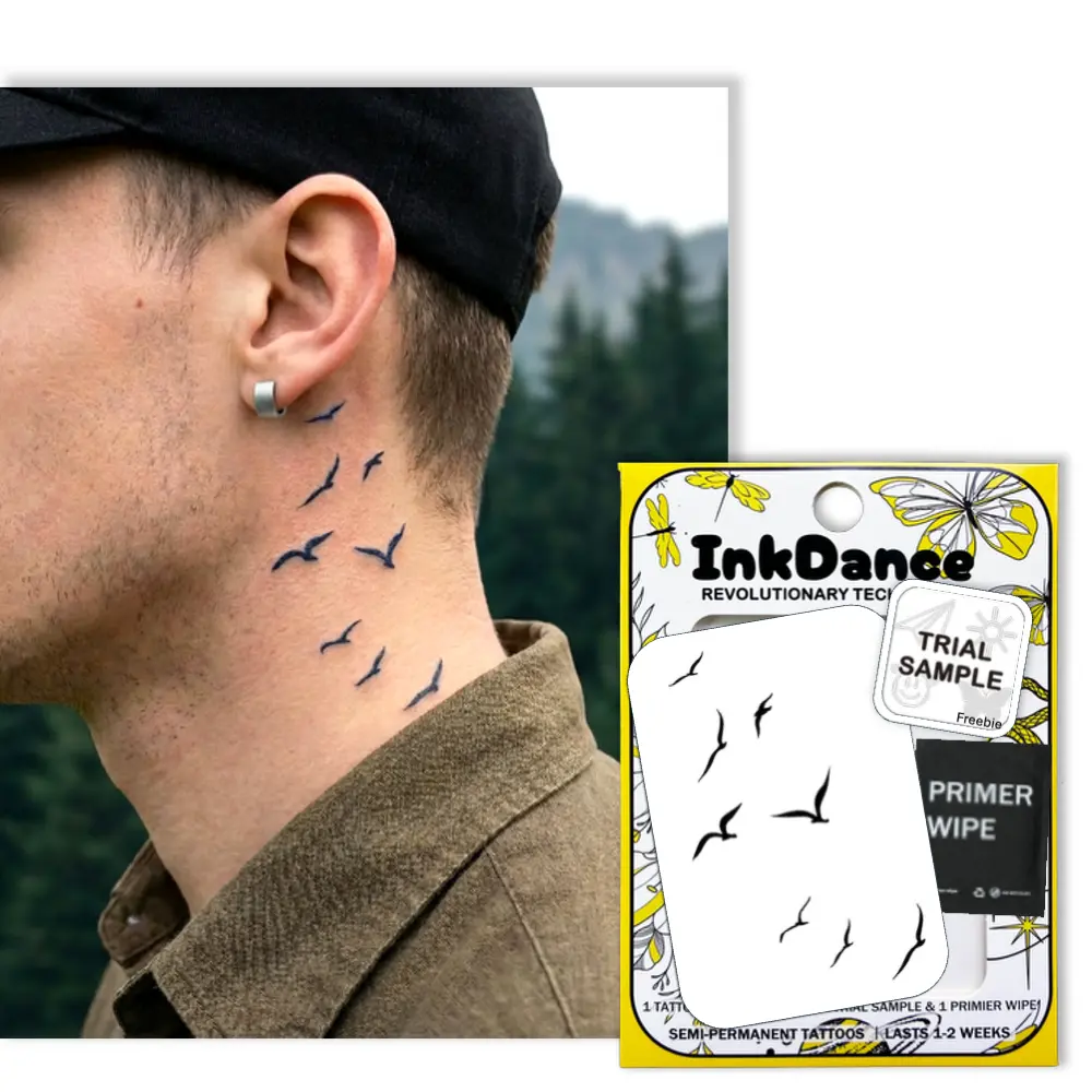 InkDance Semi-Permanent Fake Tattoo Sheet, Minimalist Flock of Birds Silhouette Freedom Swallows Body Art, Waterproof Plant-Based Ink, All Skin Types, 1-2 Weeks Long-Lasting, Color Develops in 24 Hours, X186, Minimalist Tattoo