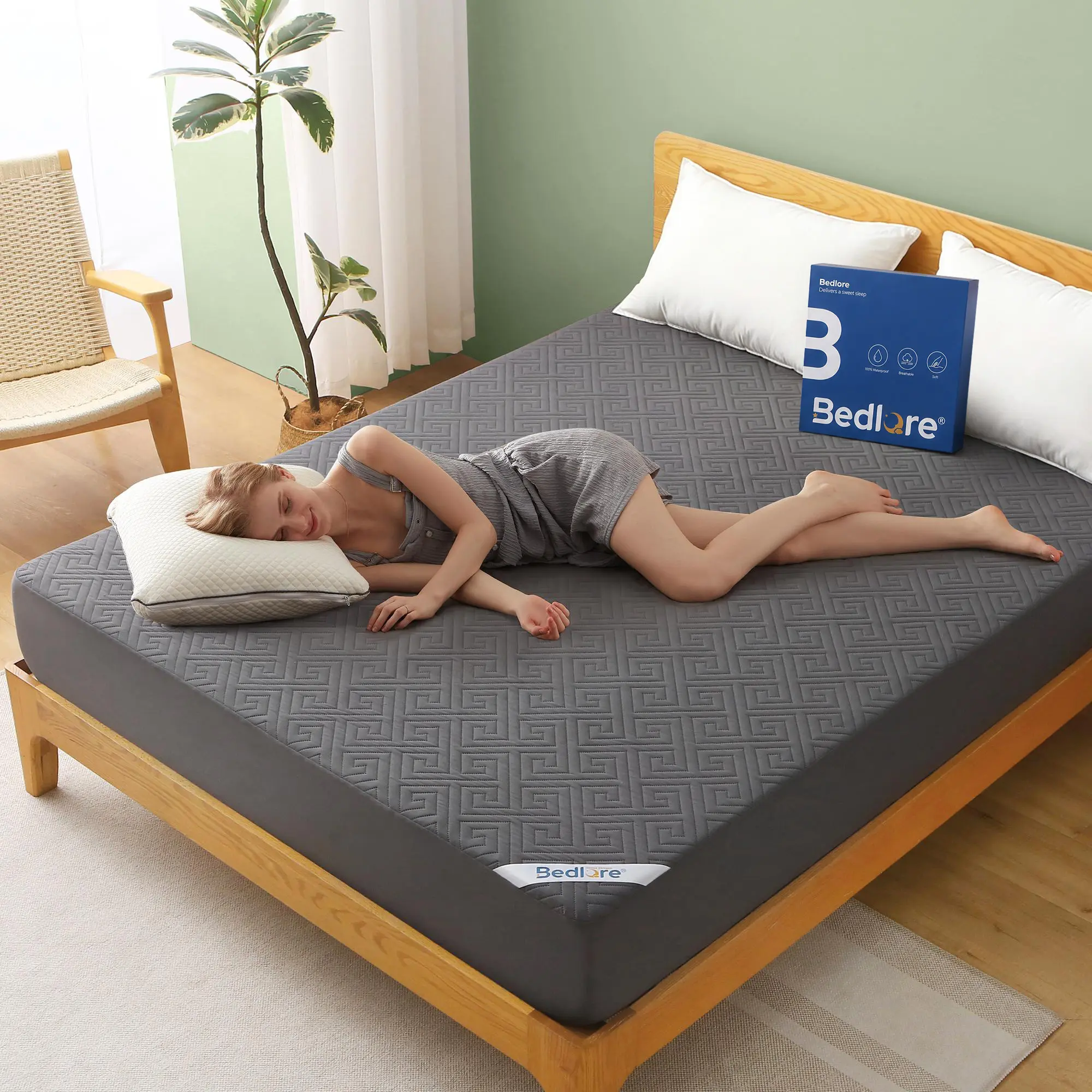 【HomeEssentials】BEDLORE Waterproof Labyrinth Pattern Mattress Protector, Fitted Sheet Style: Breathable & Noiseless TPU Layer, Ultra-Soft Cotton Feel, Deep Pockets Fit 6"–18" Mattress, Includes Pillowcases – Luxury Bedroom Essential, Mattress Protector