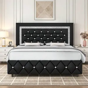 Twin/ Full/ Queen/ King Size Bed Frame, Upholstered Bed Frame With Diamond Headboard And Footboard, Pearl White/ Beige/ Black/ Grey/ Pink/ Purple/ Green, Queen Size Bed