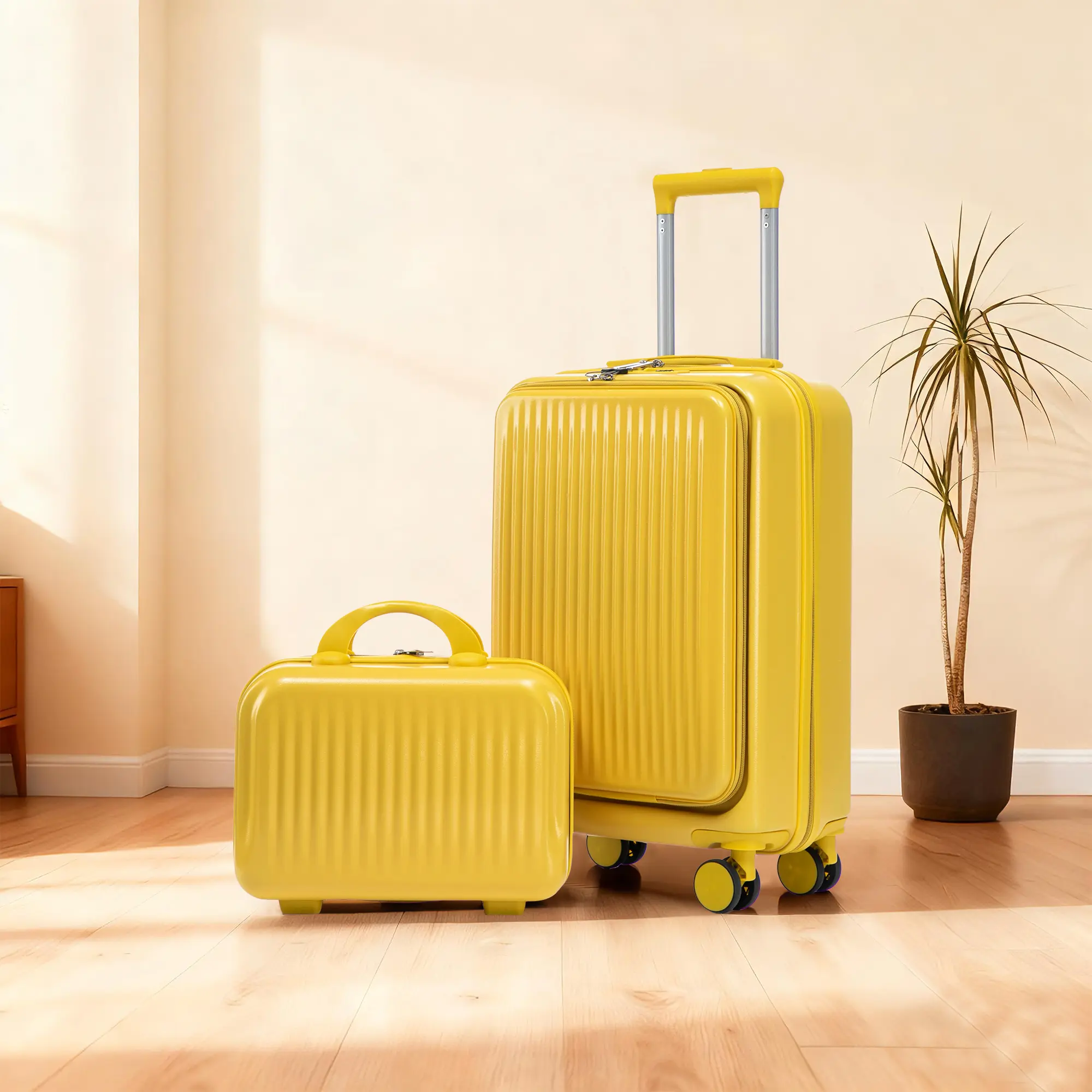 2-Piece Stripe Luggage Set, 20" ABS Hardshell Suitcase and 14" Cosmetic Case with 4 Spinner Wheels and Anti-theft Combination Lock, 4 Wheels, Combination Padlock, Password Lock, Smooth, Waterproof