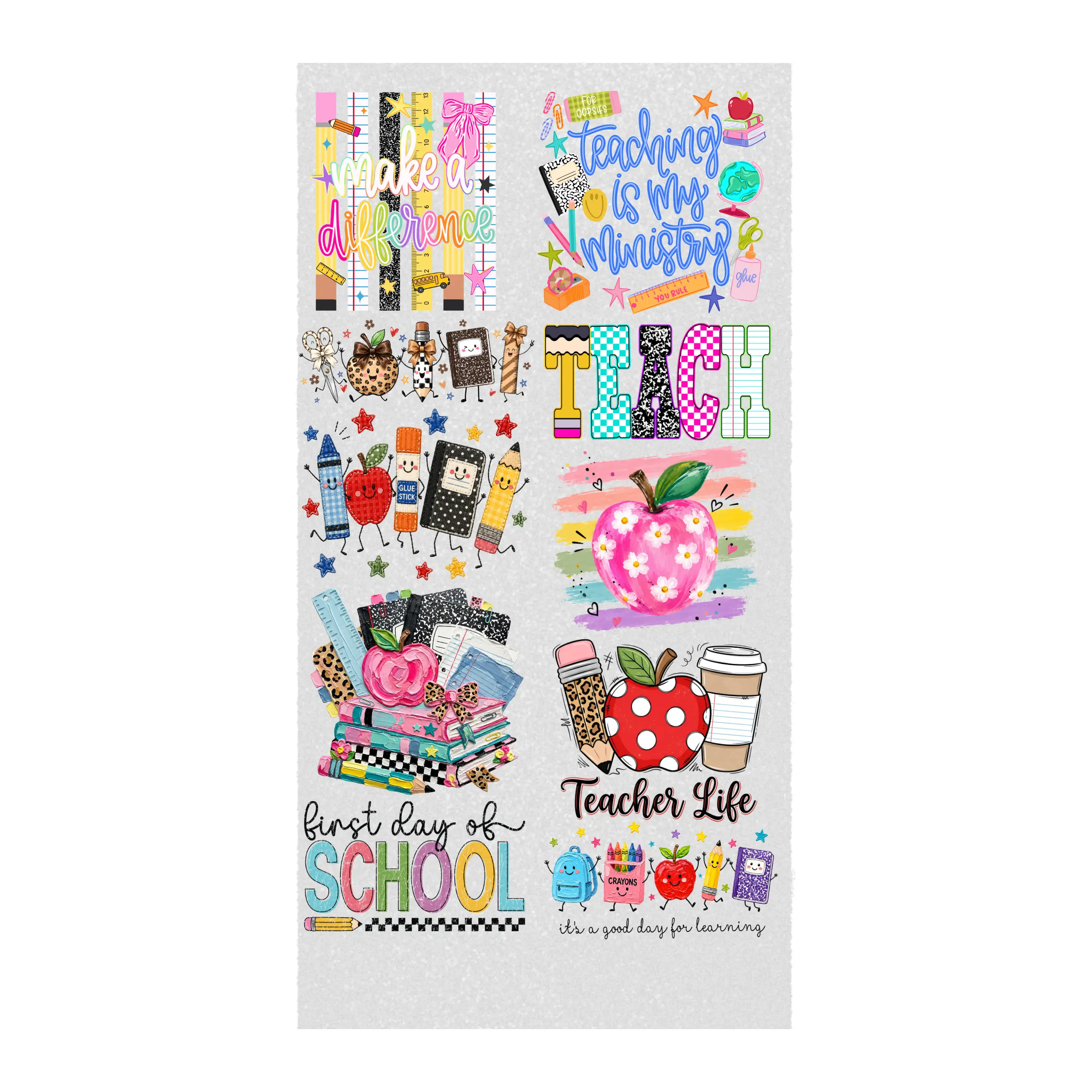 Back to School DTF Transfers Ready to Press | 10 Full Size Designs | Teacher Apple Pencil Crayon Heat Transfer Bundle for T-Shirts DIY Crafts