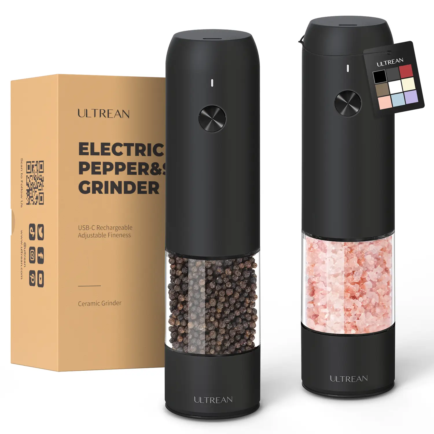 Ultrean Electric Salt & Pepper Grinder Sets - Rechargeable, Automatic with Adjustable Coarseness (6 Settings) , One-Hand Operated, For Kitchen, Gift