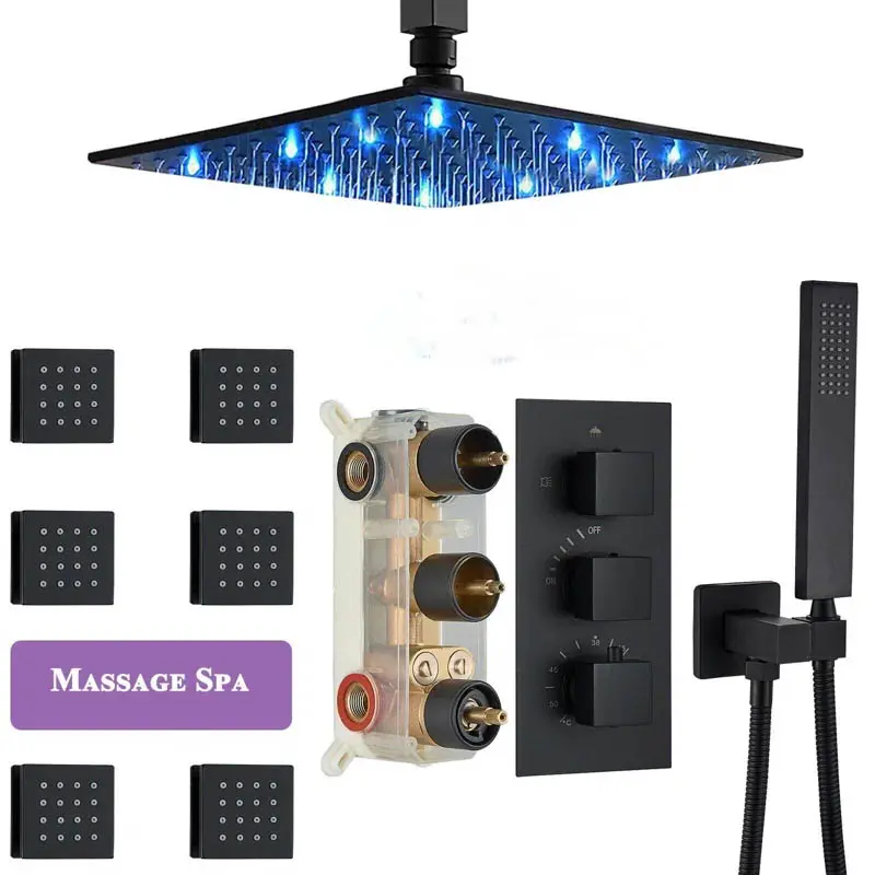 Matte Black LED Thermostatic Shower Faucet Set, High Pressure Ceiling 8 Inch LED Shower Head with Handheld Bathroom Full Body Shower System Include 6 Body Spray Jet, Thermostatic Mixing Valve, 8 Inch Shower Head