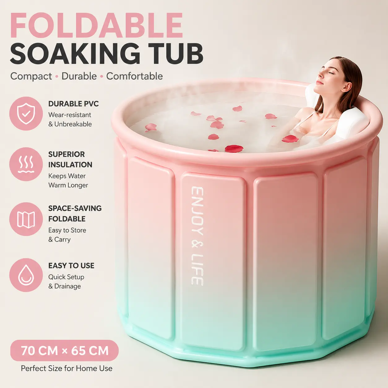 Portable Folding Insulated Soaking Tub for Athletes’ Muscle Recovery, Leak-Proof PVC Indoor Home Spa Tub, Quick-Setup No-Install Hot-Cold Water Therapy, Space-Saving Adult Bath Solution