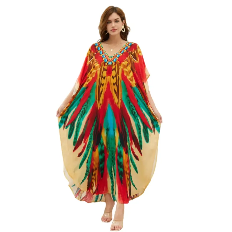 Women's Soft V-Neck Batwing Kaftan Dress - Bohemian Ethnic Feather Print, Lightweight Viscose, Casual Day Wear, Oversized Breathable Beach Cover-Up, Modest Fit, S-2XL, for Vacation Resort