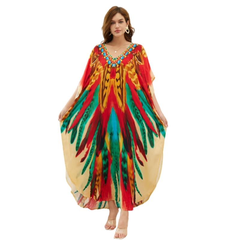 Women's Soft V-Neck Batwing Sleeve Kaftan Dress - Vibrant Ethnic Feather Print Viscose, Oversized Elegant, Lightweight Breathable, Side Slits, Plus Size S to 2XL, Machine Washable, Beach Casual Wear, Modest Swimsuit Cover-Up, Vacation Resort Use