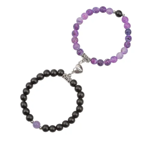 Adults' Matching Bracelets 2-Pc Couple-Themed Heart Set, 6.3-8.8 Inches Natural Agate Bead Stone Stretch Adjustable Magnetic Link Jewelry, Anniversary Valentines Day Gift for Boyfriend