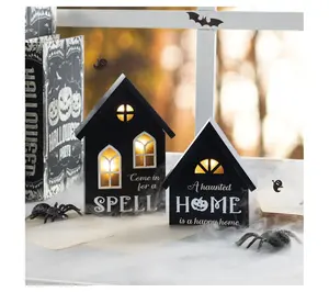 Glitzhome 8"H Lighted Halloween Spooky Houses Table Decor S/2
