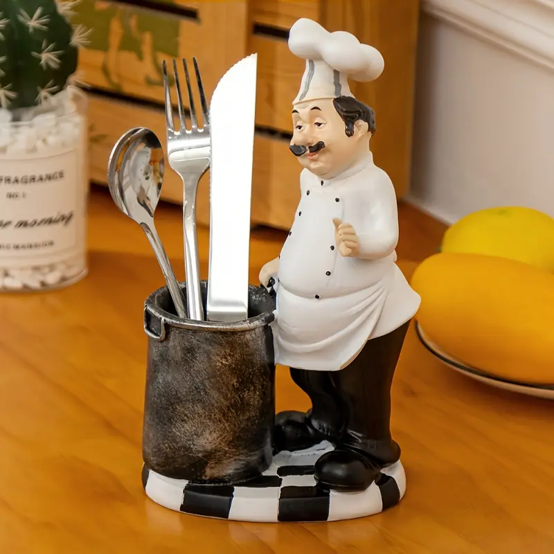 1pc Classic Resin Chef Statue Cutlery Holder - Tableware Organizer for Knives, Forks, Spoons, Christmas Party Accent, Dining Table Decor, All Ages Home Kitchen Restaurant Accessory F-Cs610