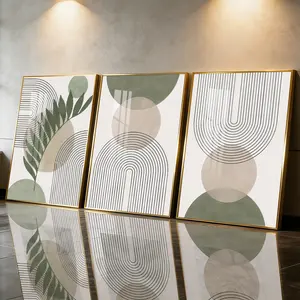 3 Count Aluminum Alloy Frame Canvas， Fashion Poster， Abstract Geometric Leaf Line Art， Modern Living Room Decoration， Light Luxury Family Art， Suitable For Bedroom， Corridor And Office Wall Decor， Gift