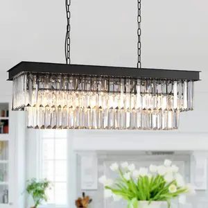 Modern Black Crystal Chandelier, Rectangular Dimmable Chain 32.7-Inch E12 K9 Crystal Chandelier for Kitchen Island/Dining Room