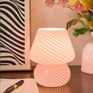 Mushroom Lamp Glass Table Bedside Light Semi-Transparent Murano Vintage Stripe Night Mushroom Decorative Atmosphere Lamp Suitable for Environment, Kids, Bedroom, Living Room, Girl Gift Nightlight for Bedroom