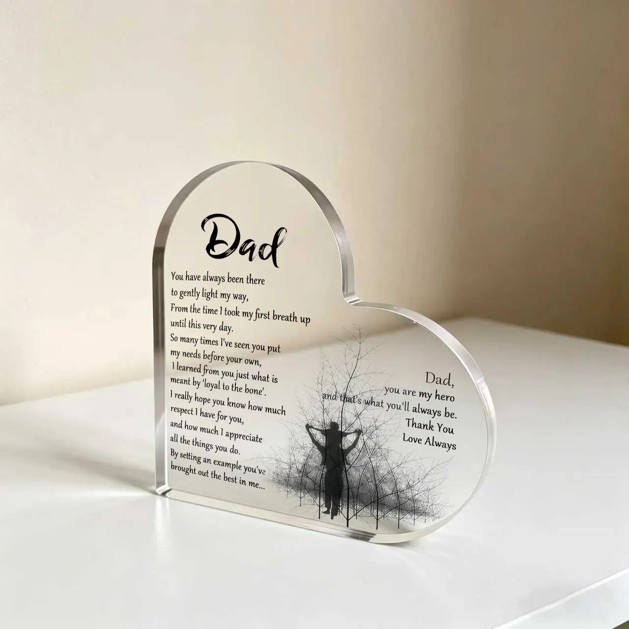 Acrylic Plaque Sign, Heart Shape Dad Gift from Son/Daughter for Father's Day with Thankful Quote & Blessed Wish, Commemorative Home Decor Tabletop Mount Centerpiece