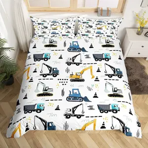 Excavator Boys Duvet Cover Set,Cartoon Construction Tractor Cars Bedding Set,Kids Bedroom Watercolor Traffic Graffiti Black White Vehicle Quilt Cover CYJS6119ZMD-TJ_USt
