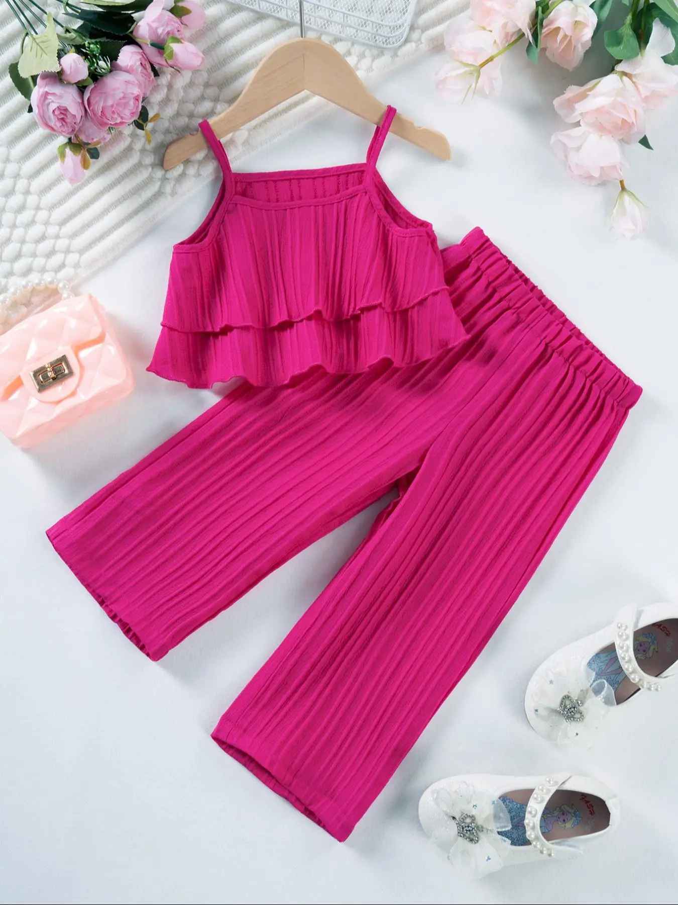 Toddler Girl's Textured Ruffle Layered Crop Cami Top & Elastic Waist Pants Set, Solid Sleeveless Spaghetti Strap Camisole & Straight Leg Trousers, Cas