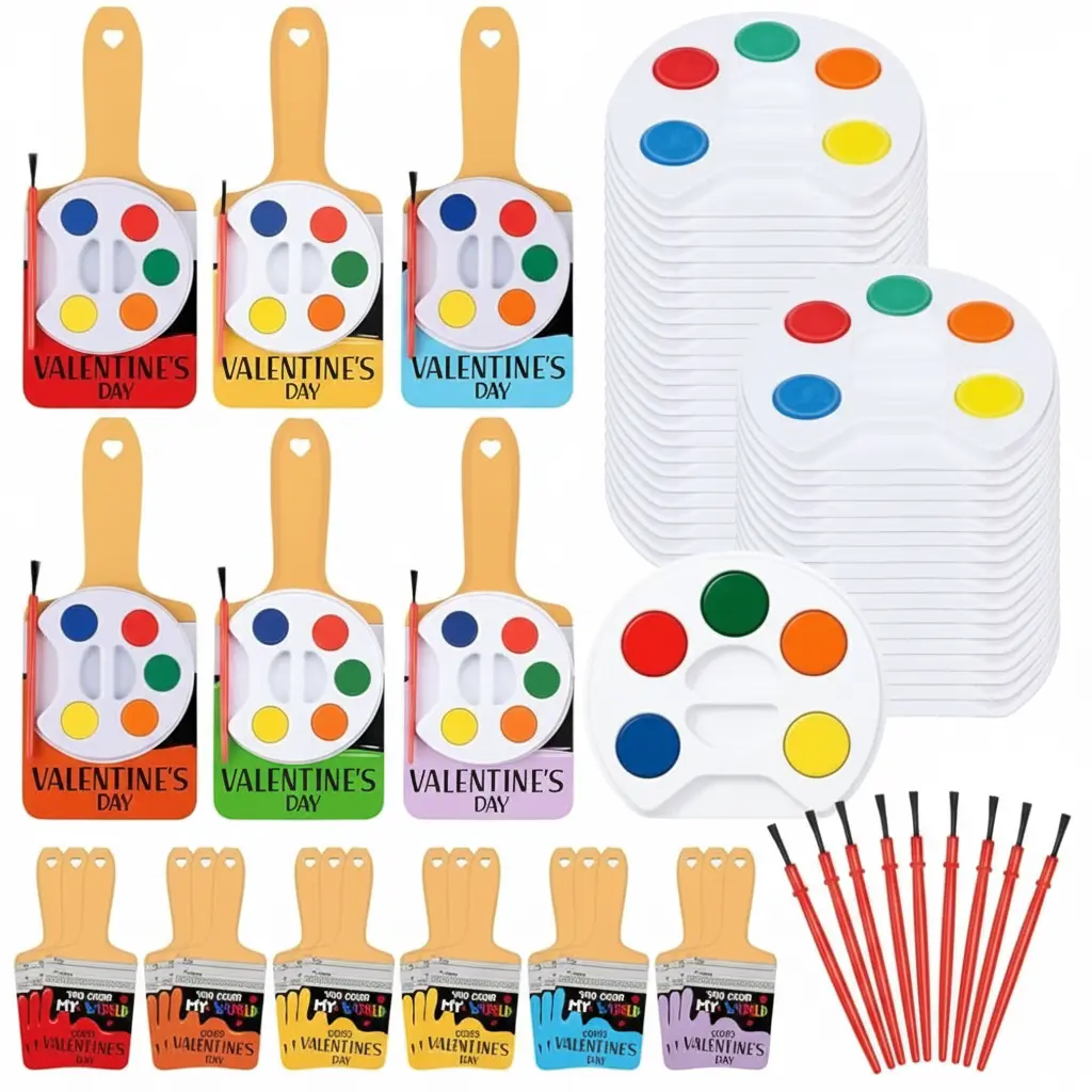 18/36 Pcs Mini Rainbow Style Brown Watercolor Paint Sets, Valentines Day Bulk Gifts with Paint, Canvas Panel, Wooden Easel & Brush Kit, School Creativity Booster for Kids, Endless Fun Festive Supplies