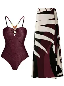Two-piece Set Women's Beaded Decor Swimsuits Set, Casual Lace Up One-piece Swimsuit & All Over Print Beach Skirt Set, Summer Swimsuit Sets, Swimsuit Beachwear, Bathing Suits 2024 for Women, Ruched Swim Suits, Outfit, Skirted Swimsuit