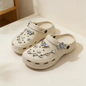 Summer Women's Platform Clogs with Bling Rhinestone Bow Star Heart Chain Charms - Comfortable Non-Slip Slip-On Casual Shoes pio shoe casual everyday heels Women's Ballet Flats Low Wedge Loafers