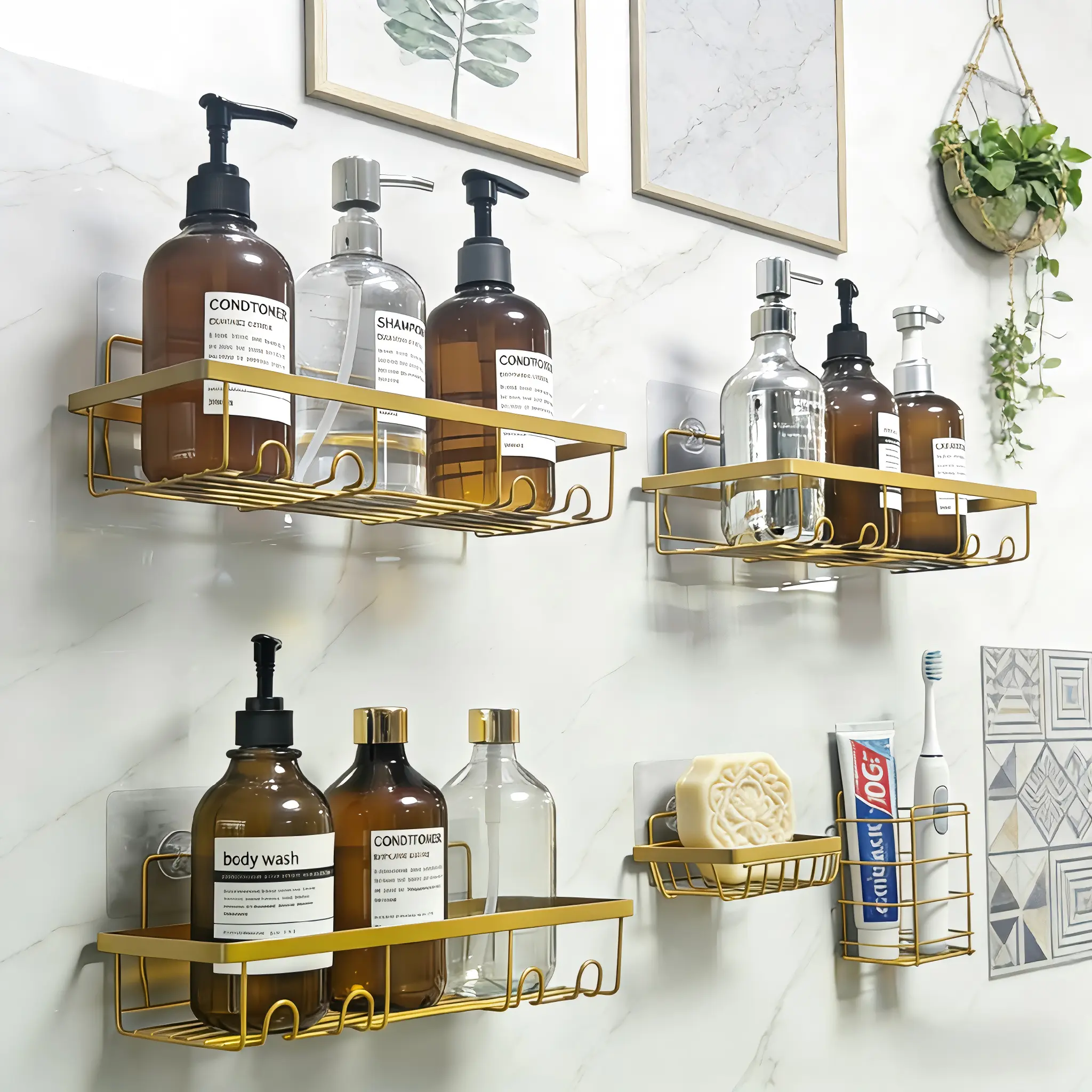 5-Piece Gold Modern Bathroom Accessories Organizer - Self-Adhesive Stainless Steel Bathroom Shower Equipment, No-Drilling Wall-Mount Storage Organizer, Rust-Resistant Shower Caddy for Shampoo/Body Wash, Easy Installation for Home Upgrades campingessential