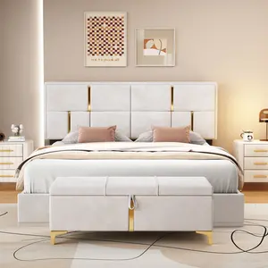 2-Pieces Bedroom Sets,Queen Size Upholstered Platform Bed with Hydraulic Storage System,Storage Ottoman with Metal Legs, Velvet Beige