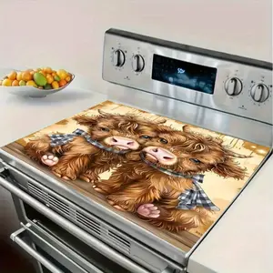 Cute Cartoon Highland Cow Rubber Stove Protector, Heat Resistant, Non-Slip, Water Absorbent, Easy Clean, Kitchen Appliance Guard