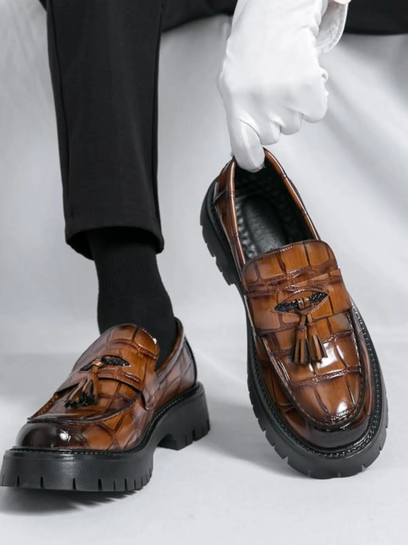 Men's Business Fashion Crocodile Embossed Tassel Design Loafers, Formal Occasion Night Out Elegant Comfortable Loafers Shoes, Fashionable Shoes for Daily Wear, Low Top Shoes