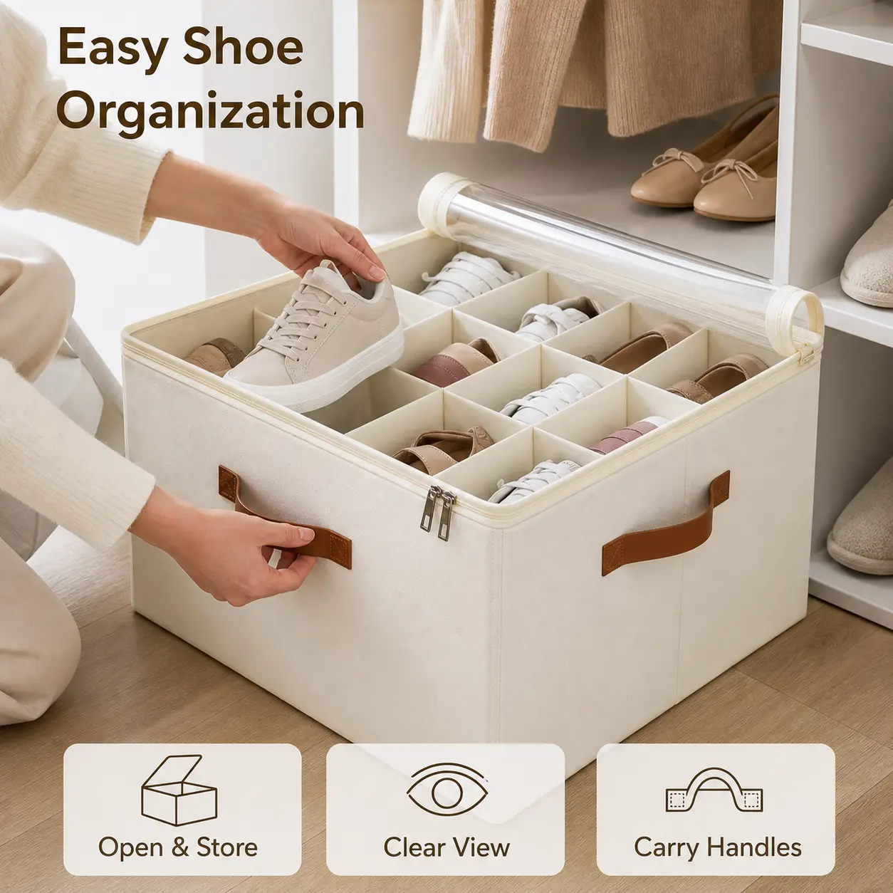 Shoe Cubby Storage Bin for Closet, 16 Adjustable Dividers with Clear Zippered Lid, Reinforced Side Panels and Carry Handles, Foldable Fabric Shoe Box Holding Up to 16 Pairs of Sneakers, Flats and Sandals for Bedroom, Entryway and College Dorm Room