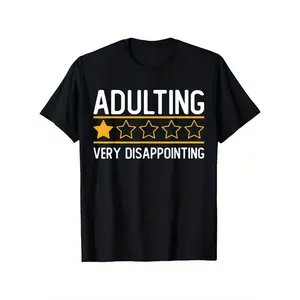 Men's Vintage Graphic Tee - Funny Adulting Fail 1-Star Rating Sarcastic Text, Short-Sleeve 100% Heavyweight Cotton Top, Casual T-Shirt for Men (S-XXXL), Black Round Neck Streetwear, Birthday Gift
