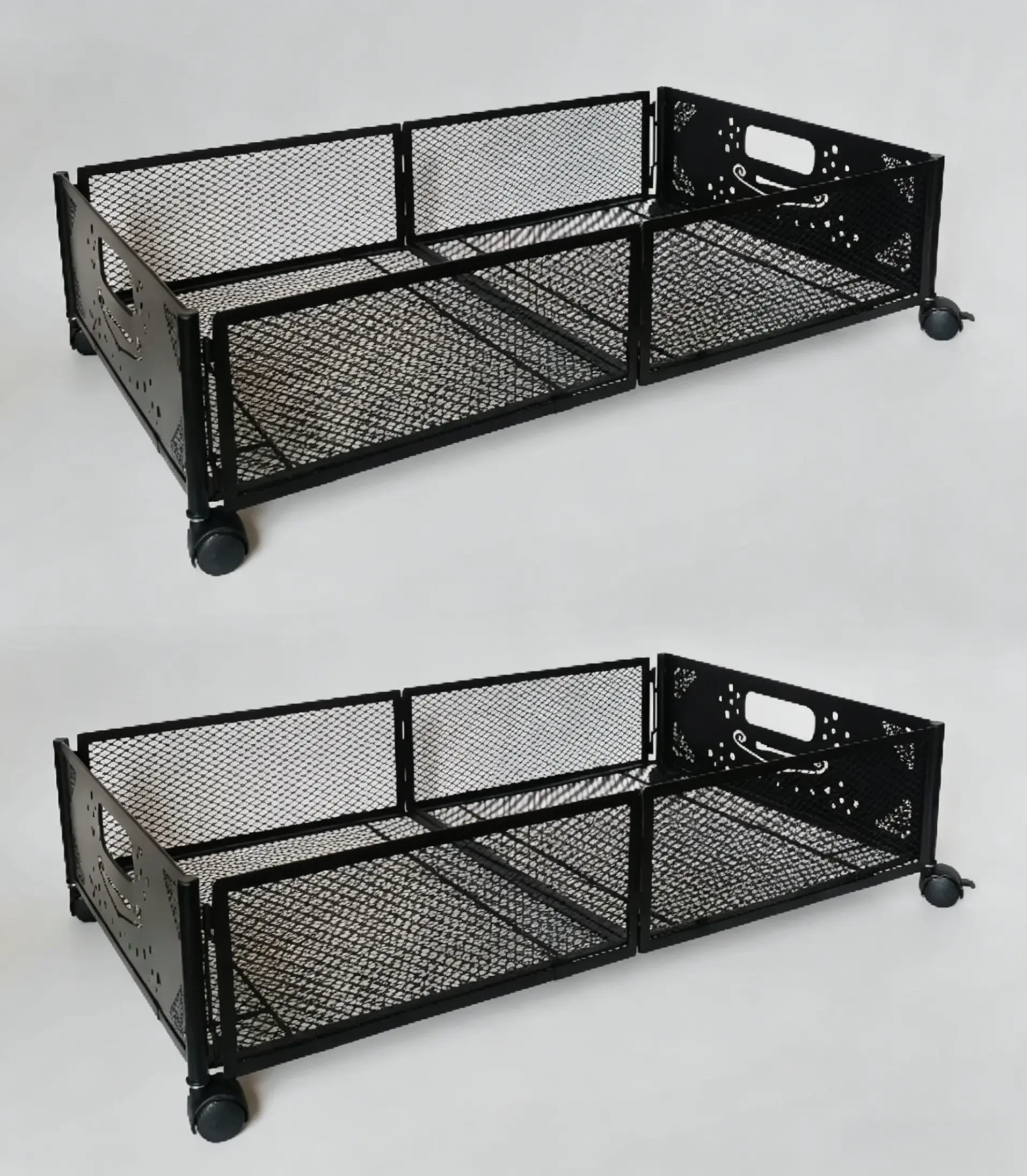 HUOMAQFAN 2-Pack Rectangle Collapsible Under Bed Storage Boxes with Wheels - Thick Metal Organiser, 360-Degree Universal Rolling Drawers, Double Foldable Clip-On Space Saver Bins for Bedroom Clothes & Shoes, Black