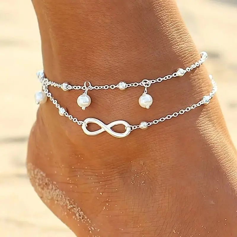[ Anklets Bracelets ] Boho Gold/Silver Anklets Bracelets for Women Trendy, Infinity Layered Anklets Summer Beach Waterproof Jewelry Shining Dainty Beaded Chain Bracelets Gifts