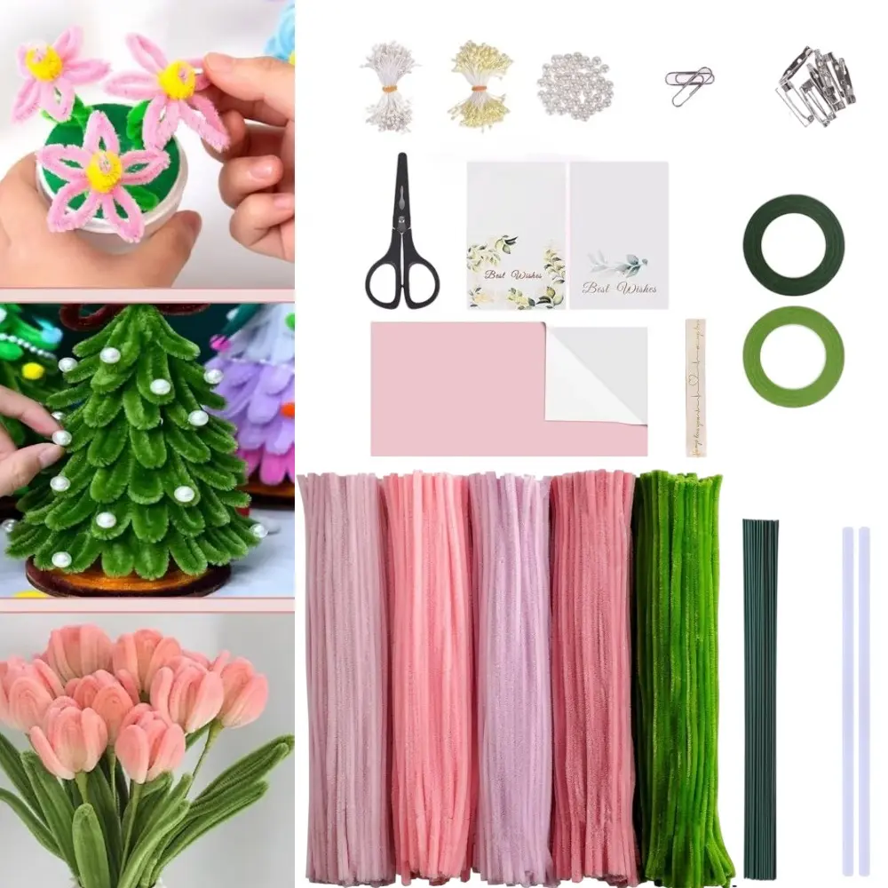 500pcs Pipe Cleaner Full Kit for Kids - 8mm Chenille Stems, Floral Wire, Ribbon, Hand Tools, Glue Sticks, DIY Crafts Supplies to Create Mother’s Day Gifts, Flower Vase Decor