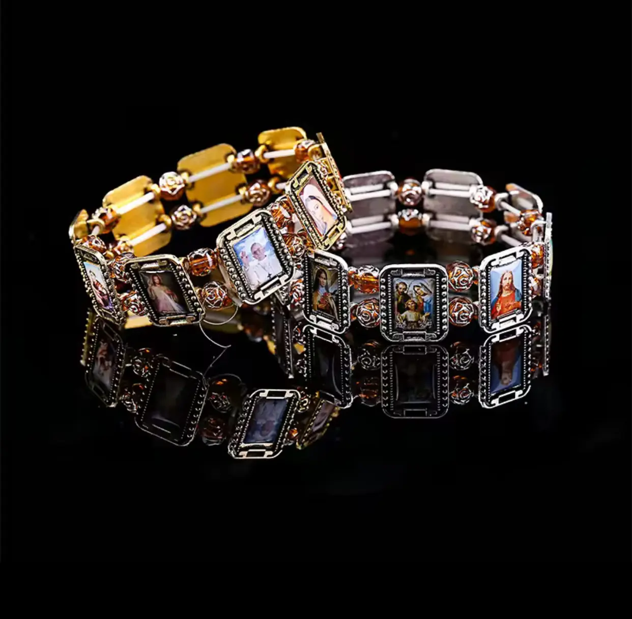 Beaded Bracelet, Small Square Catholic Saint Rosary Bracelet, Holy God Religious Icon Rose Bracelet