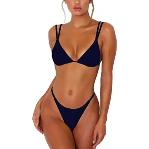 Women's Sexy Thong Bottom Two Piece Bikini Double Shoulder Straps Cute Swimsuit Triangle Bathing Suit