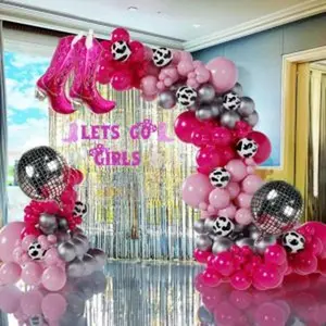 Cowgirl balloons arch garland kit for last rodeo bachelorette sash supply birthday party decorationshot pink rose red silver cow print cowgirl boot disco ball balloonlets go girl banner backdrop