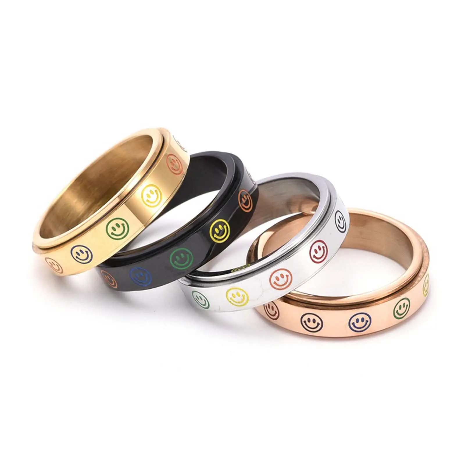 Rainbow Smiley Face Spinner Ring - Unisex Stress Relief Fashion Jewelry for Everyday Wear, Parties, and Holiday Gifts