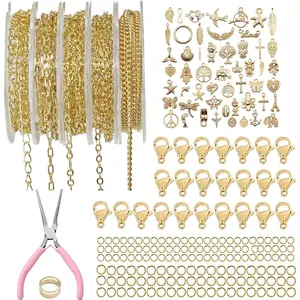 XKCWXY 14K Gold Chain for Jewelry Making,16.4 ft 5 Rolls Jewelry Chains Bulk for DIY Necklace Bracelet Making Accessories with Charm Pendants Jump Rings Lobster Clasps Pliers