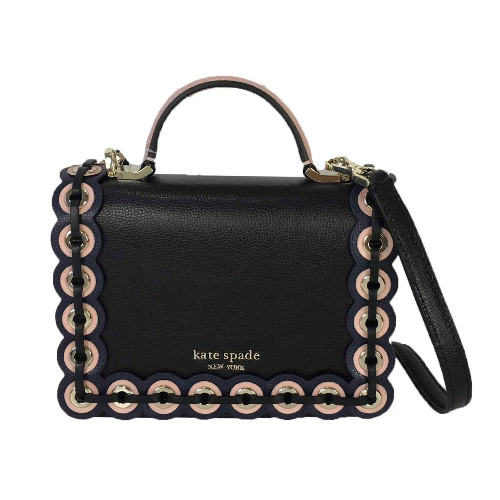 Women's Kate Spade Grommet Maisie Colorblock Leather Satchel - Adjustable Shoulder Strap Crossbody Purse, Black/Blush Pink
