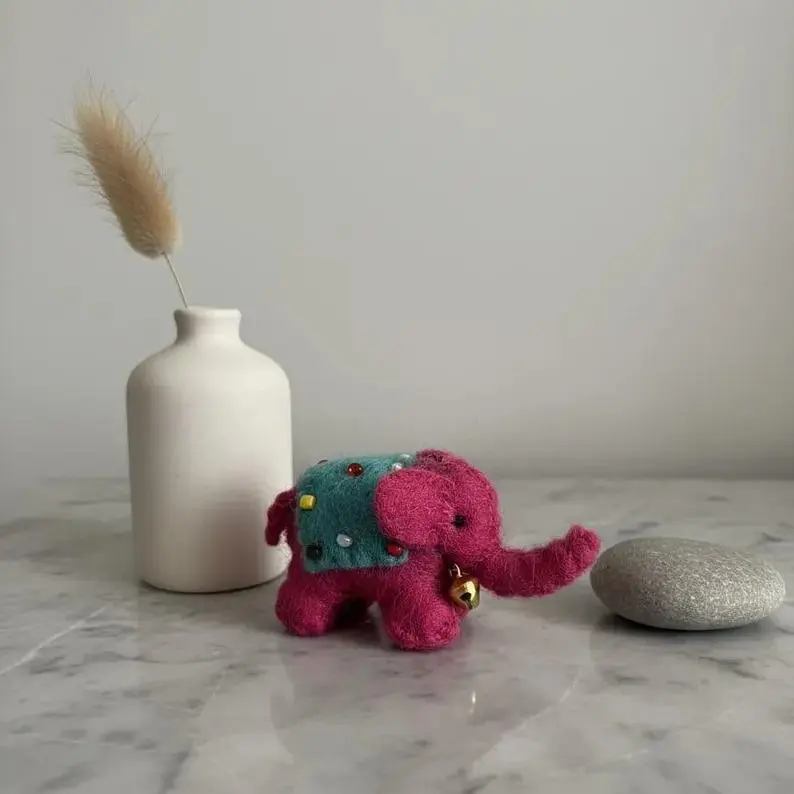 Cute Pink Elephant Keychain, 100% Handmade Wool Felt Bag Charm with Beaded Details and Gold Bell, Small Animal Lover Gift - 2.5in, Handmade Craft, Elephant Form, Small Size, 2 To 2.9 In, 2.5In X 1.75In