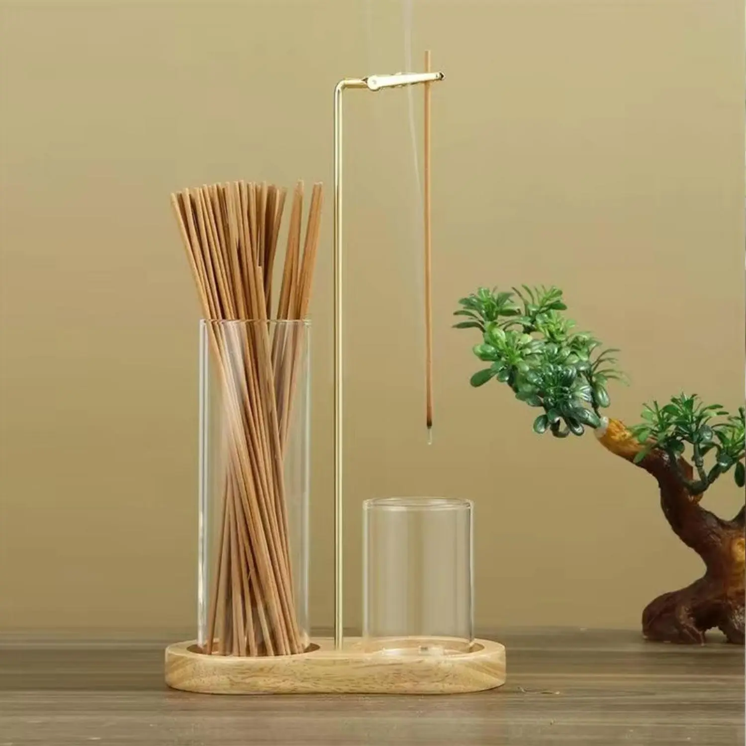 2-in-1 incense candle holder, 1 wooden base, aromatherapy diffuser incense burner, Air fragrance diffuser, with detachable glass ash collector, wooden home decoration item, suitable for living room, bedroom, interesting gift, with fragrance