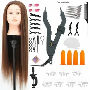 Hair Training Head & Keratin Glue Tool Set, Hair Extensions Tape, with Adjustable Mini Heating Iron, Braiding Accessories, Clips, Combs, and Hair Pads for Salon Use, Wig Tool