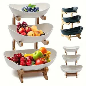 3-Tier Oval Fruit Basket with Bamboo Stand, Durable Polypropylene Kitchen Storage Rack with Natural Bamboo Finish, Modern Fruit Basket for Kitchen and Party Serving Tray, Display Riser