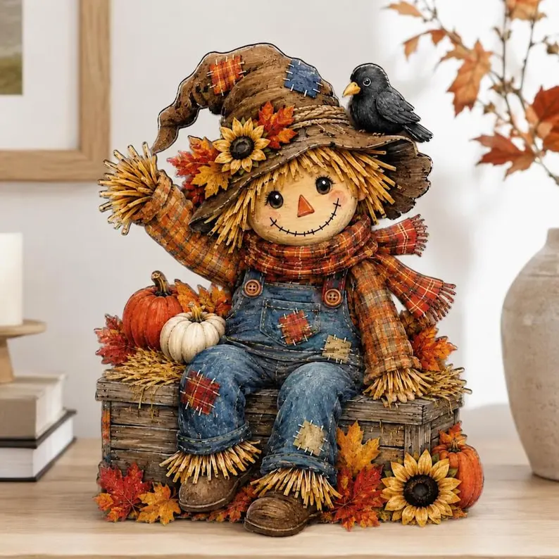 Fall Scarecrow Wooden Decor - 1-side Printed, Autumn Shelf Sitter, Thanksgiving Home Decor, Harvest Pumpkin Sign, Custom Fall Table Centerpiece, Fall Decor 2026, Vintage Halloween Decor 2026, Bookshelf Decor