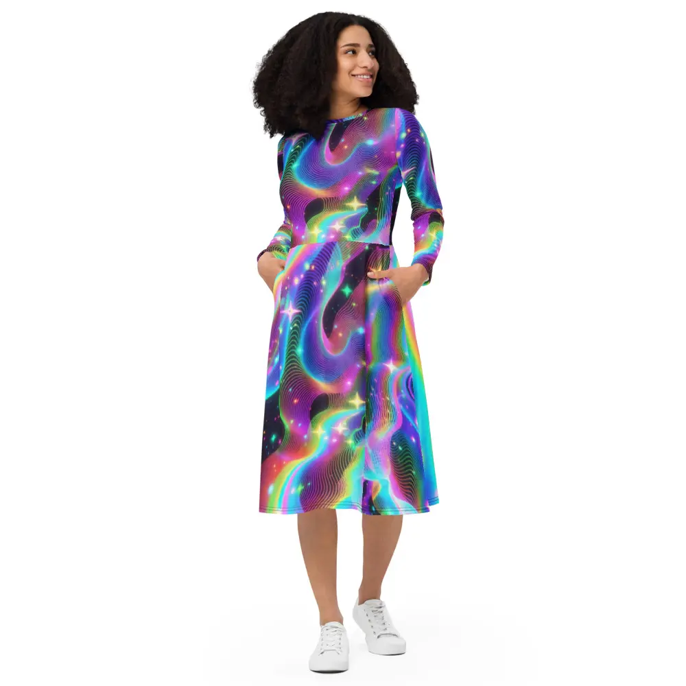 Aurora Galaxy Midi Dress, Neon Rainbow Wave Long Sleeve Dress, Space Skater Dress, A-Line Dress with Pockets, Trendy Fall Dress, Casual Everyday Outfit, Gift for Her