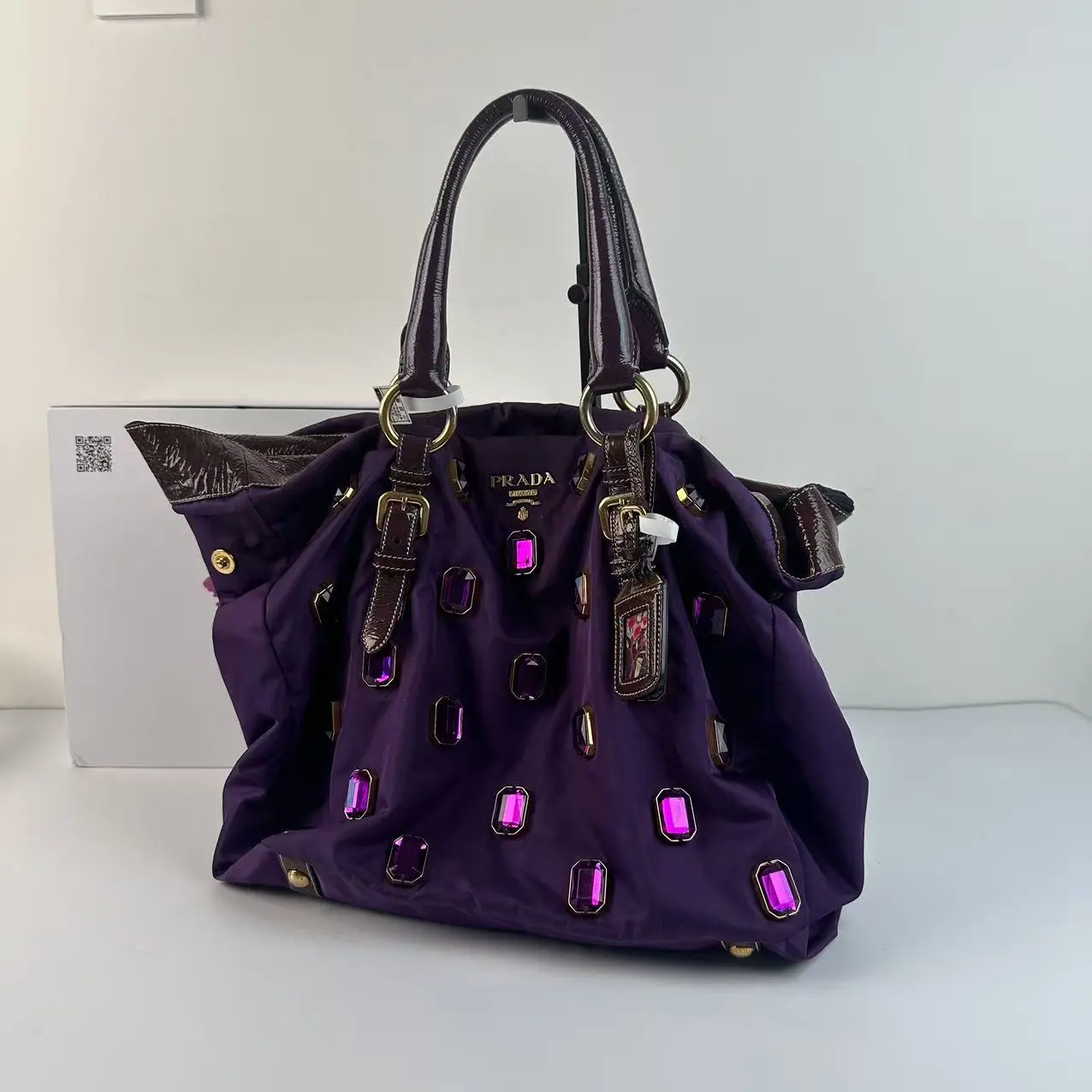 Pre-owned PRADA Purple Re Nylon Crystal Embellished Large Tote Bag with Patent Leather Handles, Pre Loved Designer Tote Bags
