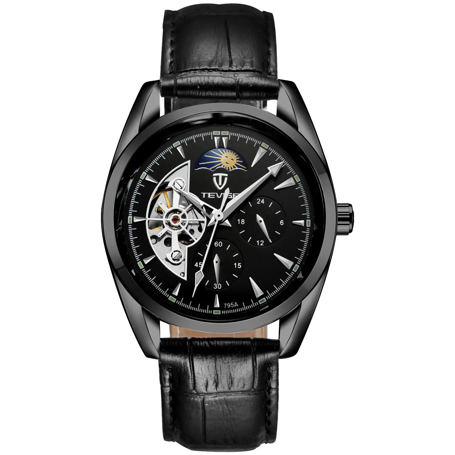 TEVISE Men's Automatic Mechanical Watch, Hollow Celestial Dial with Flywheel Movement, Cowhide Strap, Calendar Display, Father's Day Gift, Automatic Watches, Male Watch Dual Time Wristwatch