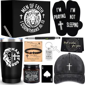 Christian Gifts for Men - 10 Pcs Faith-Inspired Set with "Men of Faith" Tumbler, Cross Hat, Socks, Bracelet, Candle, Keychain, Pen - Ideal for Dad, Husband, Grandpa, Male Friends, Coworker