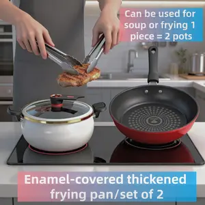 2-Piece Enamel Porcelain Soup Pot Set, Non-Stick Stockpot with Double Handles, Compatible with Gas and Induction Cooktops, Large Capacity, Thick Flat Bottom Pan, Non-Stick Frying Pan for Home Use, Perfect for Omelets, Pancakes, and Steaks