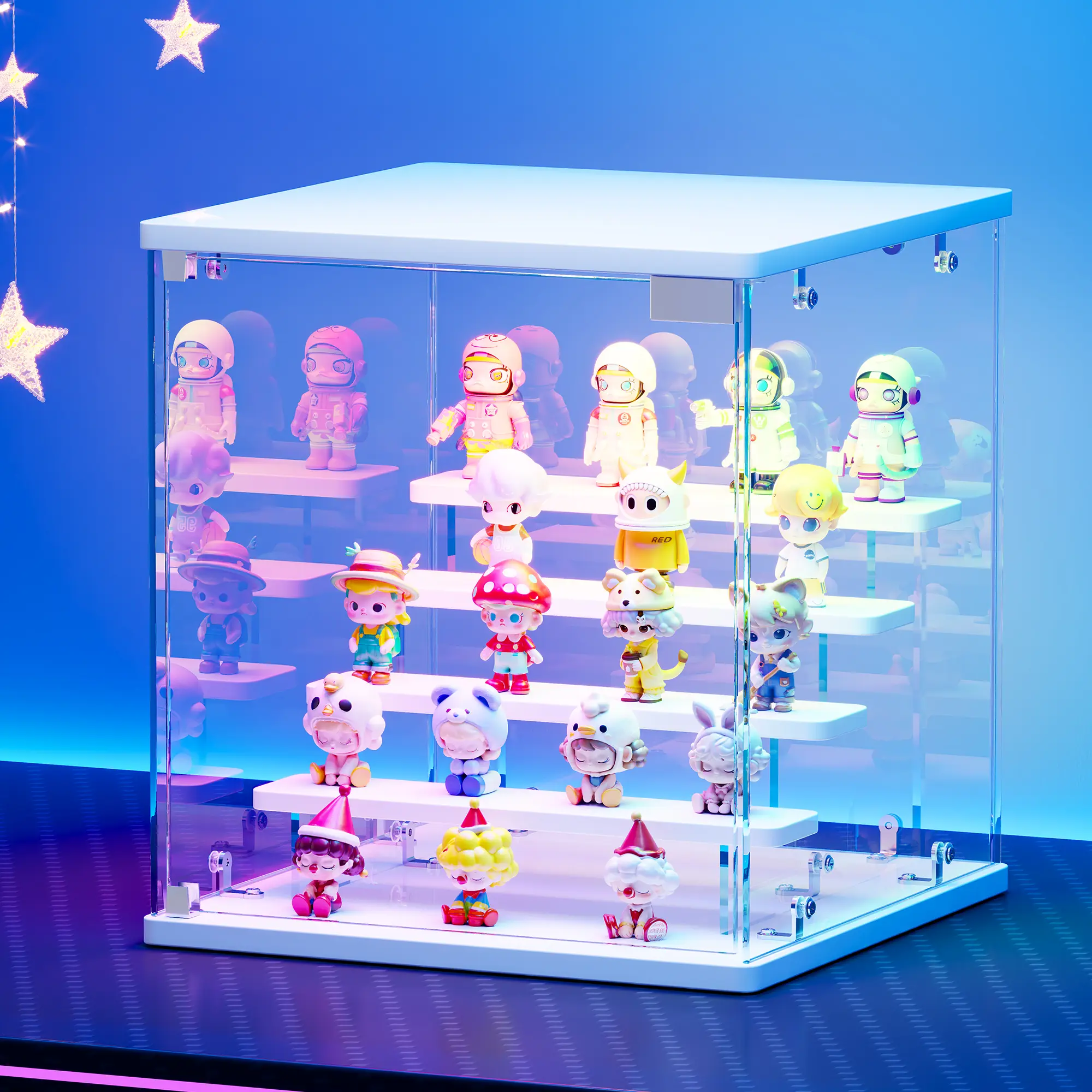 FREDEES Clear Glass Display Case with RGB LED Lights, 5-Tier Display Stand with Adjustable Shelves, DIY Assembly Desktop Glass Display Cabinet with Glass Door, Dustproof Collectible Showcase for Figures, Models & Decor