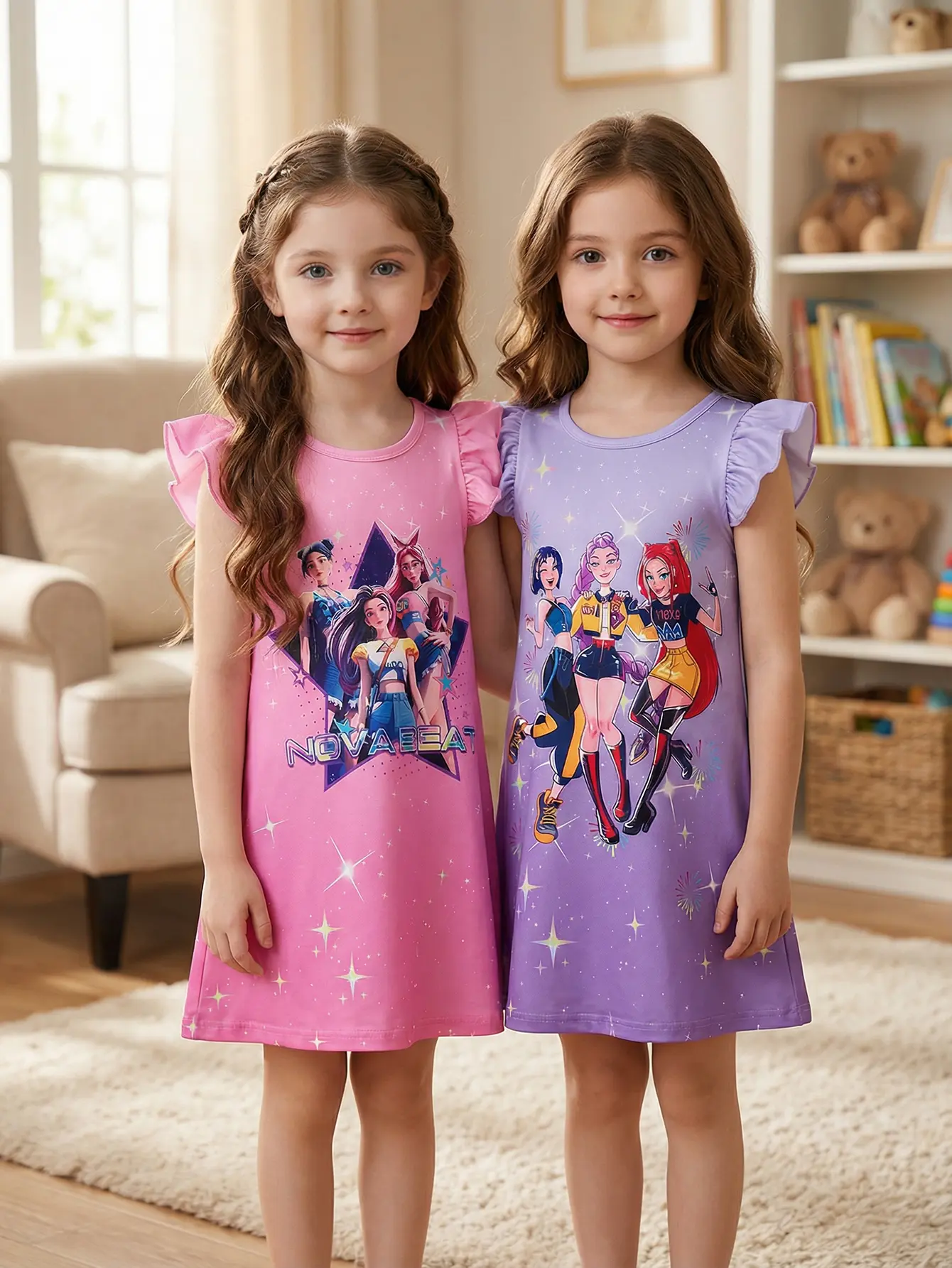 Kpop  2-Piece Cute RuffleSleeve Nightgowns,Girls Nova Beat Cartoon Pajama Set,Soft Cotton Kids Sleepwear，Spring Summer Girls' Sleeveless Casual Dress Set, Cute Cartoon Pattern, Comfortable Soft Fabric, Perfect for Daily Wear